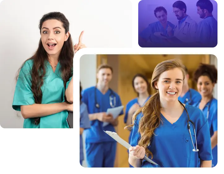 A collage showcasing diverse nurses and doctors collaborating in various healthcare settings, emphasizing teamwork and care.